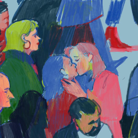 two women kissing in a crowd (sketch, holly warburton)
