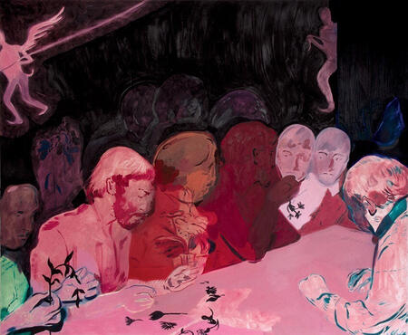 painting of men sitting at table in varying hues of red (anthony cudahy, arrangement)